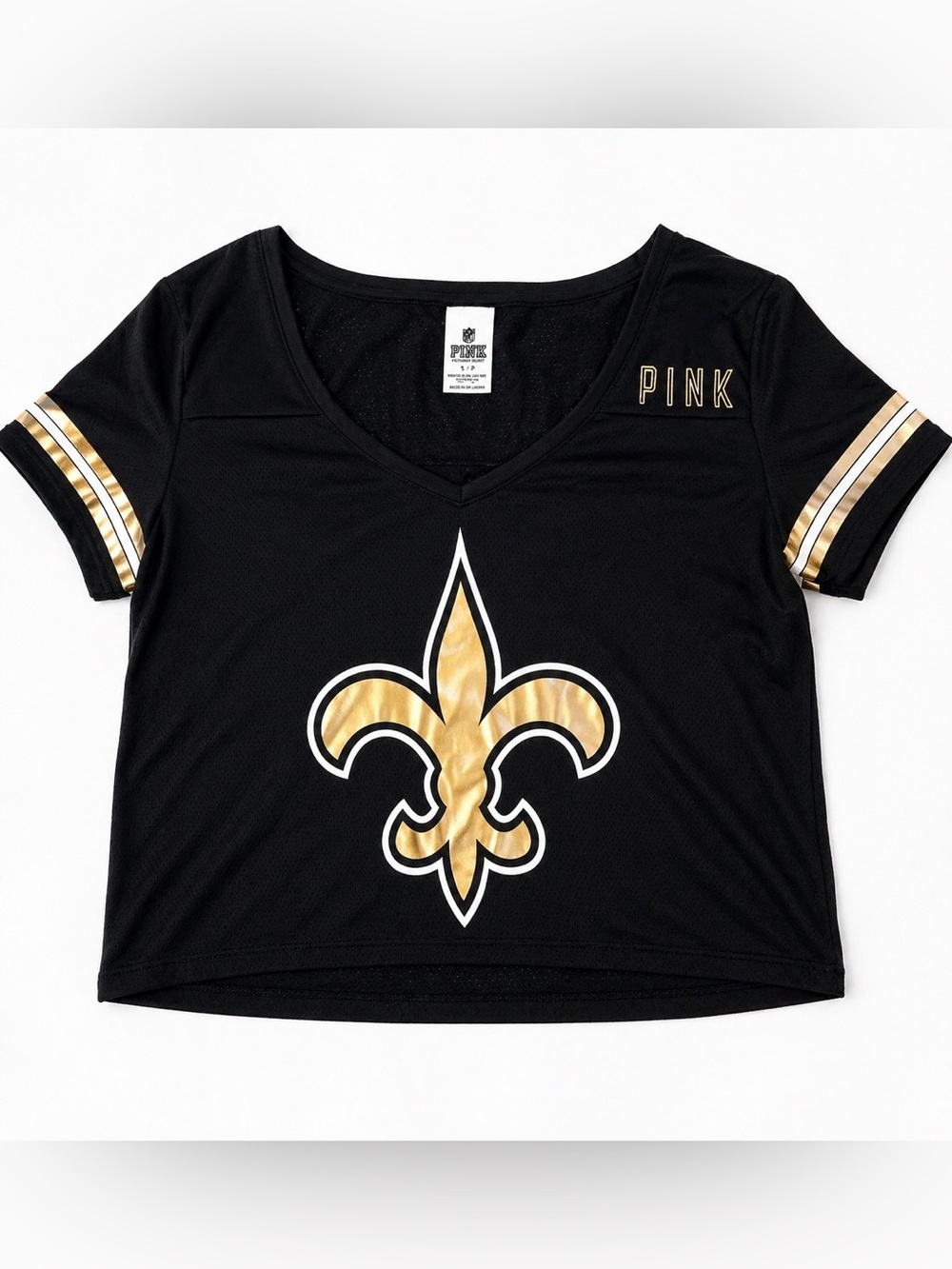 PINK Victoria's Secret Black and Gold Fleur-de-lis Cropped Tee